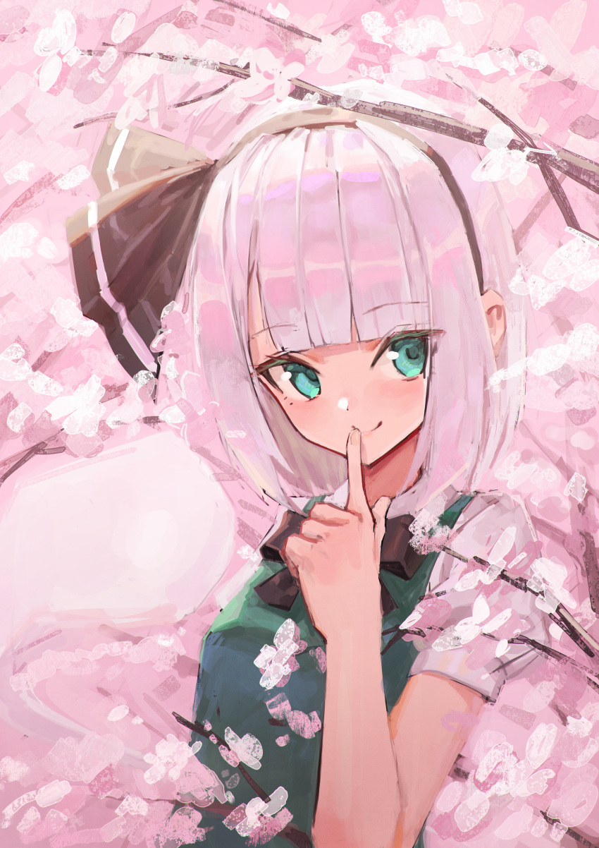 1girl absurdres aqua_eyes black_bow black_bowtie black_hairband blunt_bangs blush bow bow_hairband bowtie cherry_blossoms closed_mouth collared_shirt commentary dot_nose faux_traditional_media finger_to_mouth green_vest grey_hair hairband highres konpaku_youmu konpaku_youmu_(ghost) looking_at_viewer nepperoni puffy_short_sleeves puffy_sleeves revision shirt short_hair short_sleeves smile solo touhou tree upper_body vest white_shirt