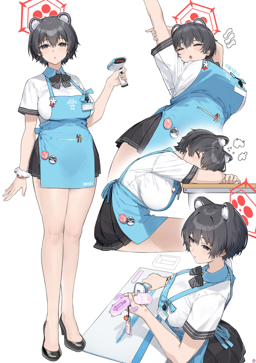 1girl absurdres angel's_24_uniform_(blue_archive) animal_ears apron arm_up artist_name barcode_scanner black_eyes black_footwear black_hair blue_apron blue_archive breasts chinese_commentary closed_eyes collared_shirt desk extra_ears fingernails halo haniwa_(statue) high_heels highres large_breasts mahousho multiple_views parted_lips polo_shirt red_halo school_desk shirt short_hair simple_background tsubaki_(blue_archive) white_background white_shirt