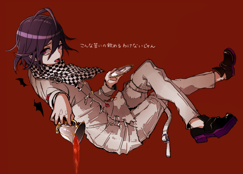 1boy ahoge ambiguous_red_liquid belt belt_buckle black_footwear black_scarf buckle buttons chain checkered_clothes checkered_scarf commentary_request crossed_legs cup danganronpa_(series) danganronpa_v3:_killing_harmony denim double-breasted full_body highres holding holding_cup holding_saucer jacket jeans long_sleeves looking_at_viewer male_focus multicolored_buttons oma_kokichi open_belt open_mouth pants purple_hair red_background saucer scarf sezo_(shizuku) shoes short_hair simple_background solo spilling thigh_belt thigh_strap tongue torn_clothes torn_jeans torn_pants translation_request two-tone_scarf violet_eyes white_belt white_jacket white_pants white_scarf wrist_belt