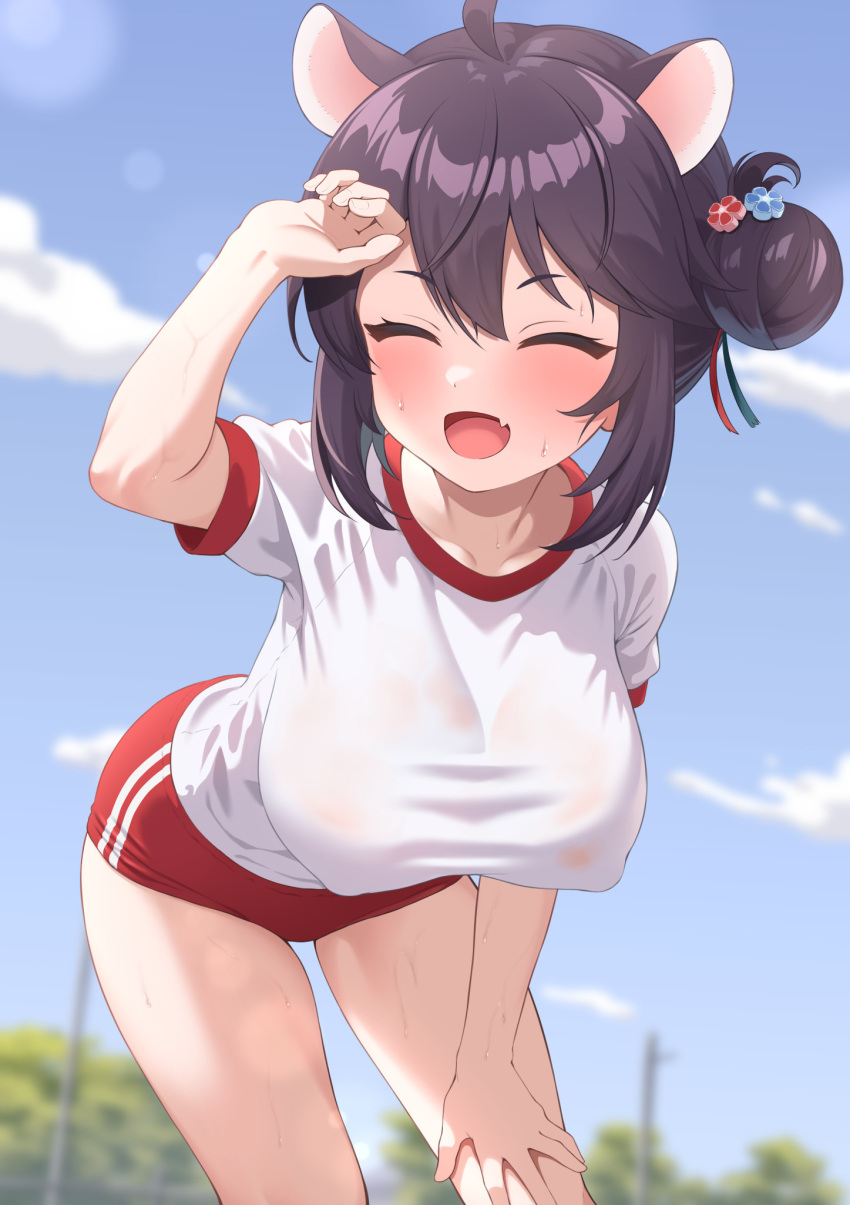 1girl ahoge animal_ears black_hair blue_archive blue_sky blurry blurry_background breasts buruma closed_eyes clouds commentary_request day fang gym_uniform hair_bun highres kaede_(blue_archive) large_breasts leaning_forward no_halo open_mouth outdoors red_buruma shirt short_hair short_sleeves skin_fang sky solo sonao sweat wet wet_clothes white_shirt