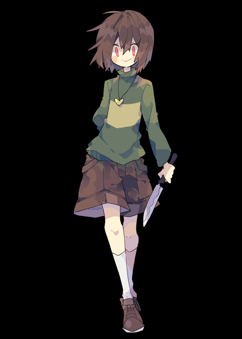 1other ahoge arm_at_side arm_behind_back black_background blush brown_footwear brown_hair brown_shorts chara_(undertale) child closed_mouth full_body green_sweater hair_between_eyes heart heart_necklace highres holding holding_knife jewelry kneehighs knife long_sleeves looking_at_viewer necklace nikorashi-ka no_nose red_eyes short_hair shorts smile socks standing striped_clothes striped_sweater sweater turtleneck turtleneck_sweater undertale white_socks yellow_sweater