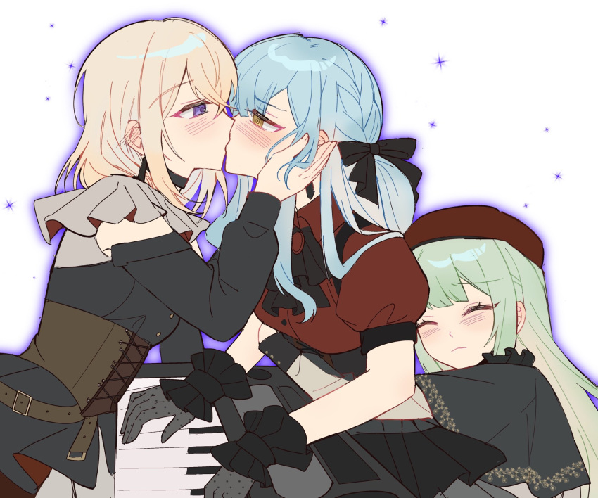 3girls artist_request ascot bang_dream! bang_dream!_it's_mygo!!!!! black_ascot black_dress black_gloves black_ribbon blonde_hair blue_hair blush chinese_commentary closed_eyes closed_mouth clothing_cutout collared_shirt commentary_request commission dress girl_sandwich gloves green_hair hair_ribbon hand_on_another's_face hat highres hug hug_from_behind instrument keyboard_(instrument) kiss long_hair medium_hair misumi_uika multiple_girls purple_outline red_hat red_shirt ribbon sandwiched second-party_source shirt short_sleeves shoulder_cutout simple_background togawa_sakiko violet_eyes waist_hug wakaba_mutsumi white_background yellow_eyes yuri