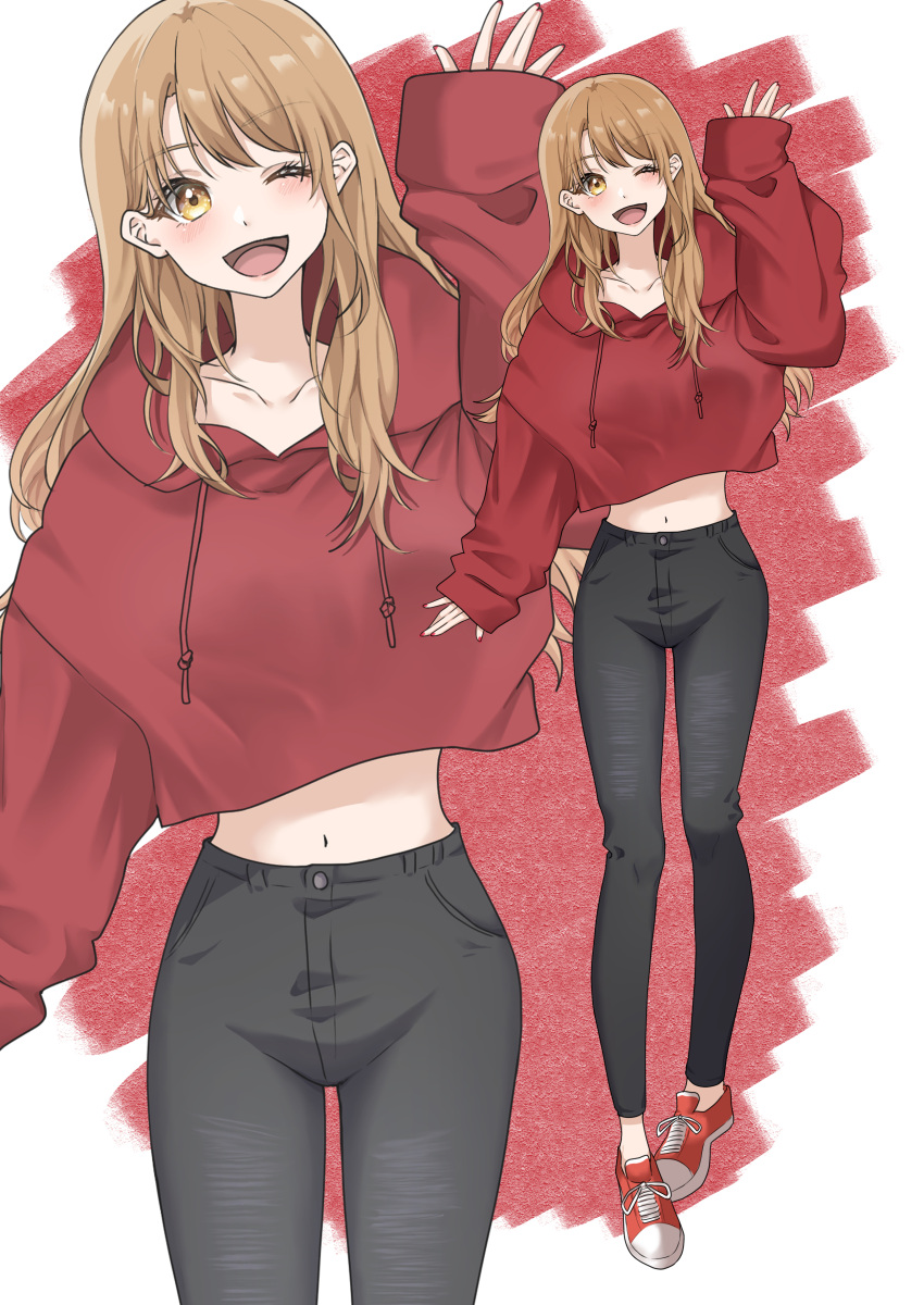 1girl absurdres alternate_costume alternate_hairstyle arm_up black_pants blonde_hair casual collarbone fashion full_body highres isshiki_iroha light_(lightpicture33) long_hair looking_at_viewer navel one_eye_closed open_mouth pants red_footwear red_sweater shoes sneakers solo sweater waving wide_sleeves yahari_ore_no_seishun_lovecome_wa_machigatteiru. yellow_eyes zoom_layer