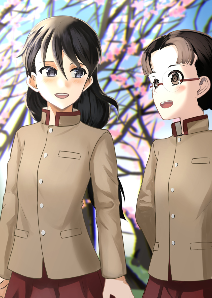 2girls arms_behind_back black_eyes black_hair blue_sky blurry blurry_background brown_eyes brown_jacket cherry_blossoms chi-hatan_school_uniform commentary day fukuda_haru girls_und_panzer glasses high_collar highres jacket kubota_rin long_hair long_sleeves looking_at_another low-tied_long_hair multiple_girls nmz_zmn open_mouth outdoors pleated_skirt rimless_eyewear round_eyewear school_uniform skirt sky smile standing tree