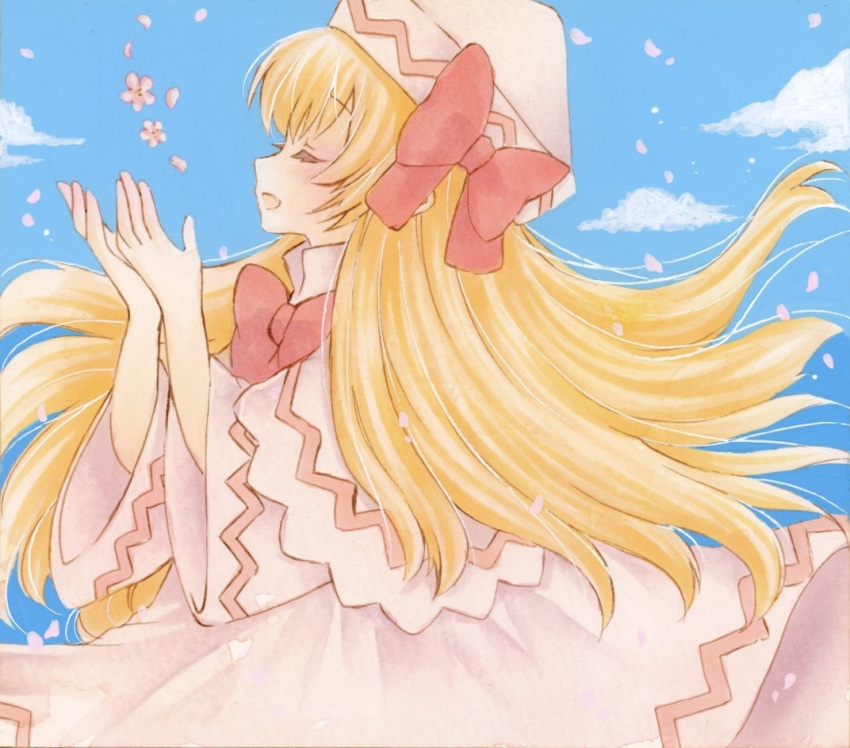 1girl blonde_hair blue_sky bow bowtie capelet closed_eyes clouds commentary day dress falling_petals hat hat_bow lily_white long_hair long_sleeves marker_(medium) no_wings open_mouth petals pink_capelet pink_dress pink_hat pink_petals red_bow red_bowtie sky smile solo touhou traditional_media very_long_hair wide_sleeves yuuki_hana_(jtnp5334)