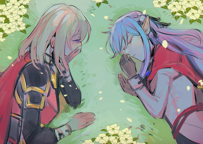 2girls bang_dream! bang_dream!_it's_mygo!!!!! black_gloves black_jacket blonde_hair blue_hair cape closed_eyes commentary earrings flower gloves grass highres jacket jewelry long_hair long_sleeves looking_at_another maybecrosswise medium_hair misumi_uika multiple_girls on_ground outdoors parted_lips red_cape sleeping togawa_sakiko upper_body violet_eyes white_jacket