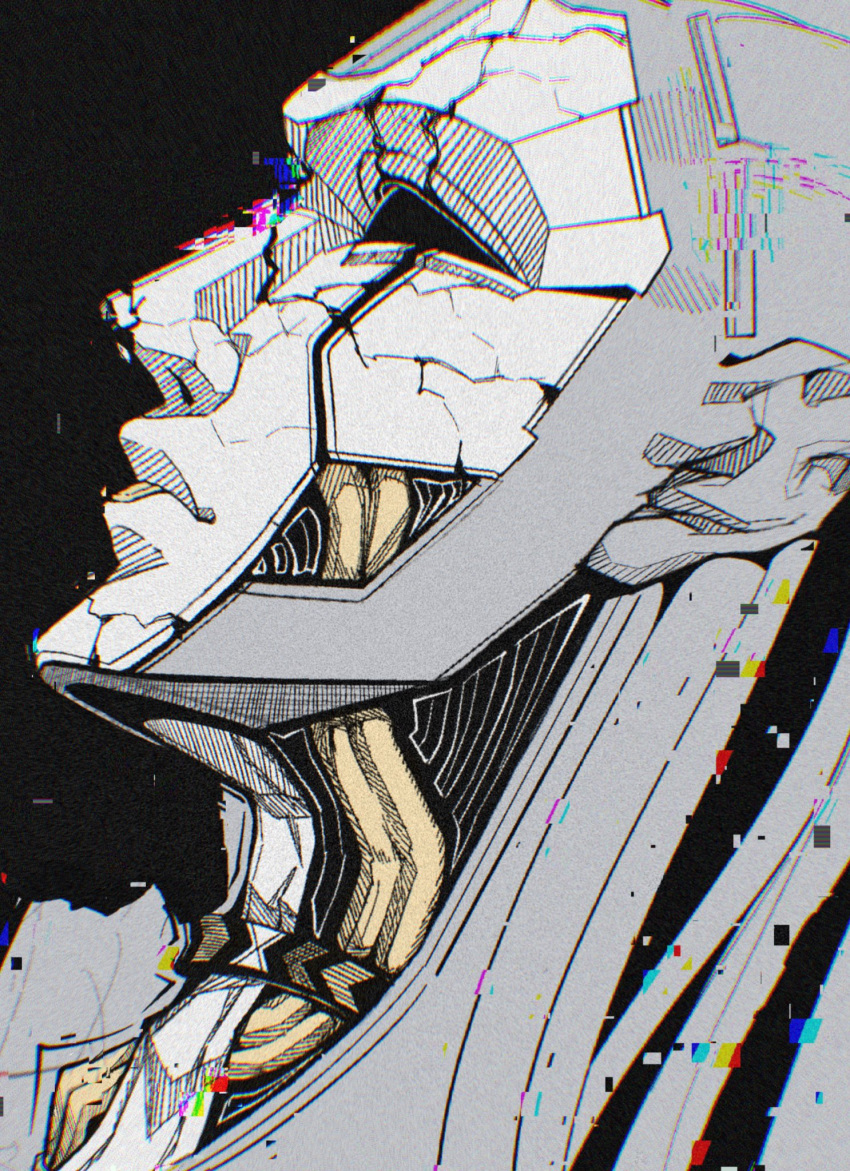 android apex_legends ash_(titanfall_2) black_background cable close-up cracked_skin danieldanlllll from_side glitch highres looking_up profile science_fiction solid_eyes solo