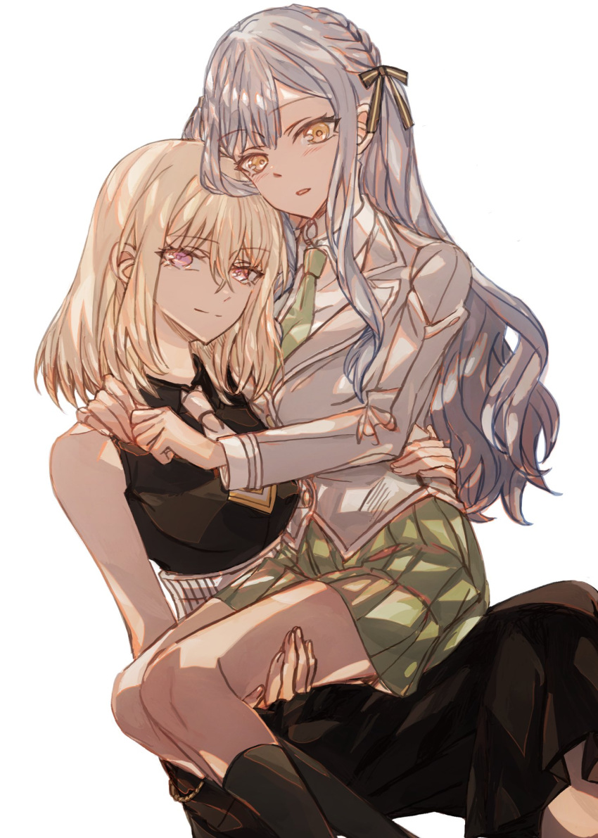 2girls bang_dream! bang_dream!_it's_mygo!!!!! bare_arms black_dress black_ribbon black_socks blonde_hair blue_hair blush carrying chinese_commentary closed_mouth collared_shirt commentary_request dress green_necktie green_skirt grey_jacket hair_ribbon hand_on_another's_thigh hand_on_another's_waist hands_on_another's_shoulders haneoka_school_uniform highres jacket junjun_(kimi-la) long_hair long_sleeves looking_at_viewer medium_hair misumi_uika multiple_girls necktie parted_lips pleated_skirt princess_carry ribbon school_uniform shirt simple_background sitting sitting_on_lap sitting_on_person skirt sleeveless sleeveless_dress smile socks togawa_sakiko violet_eyes white_background white_necktie white_shirt yellow_eyes yuri