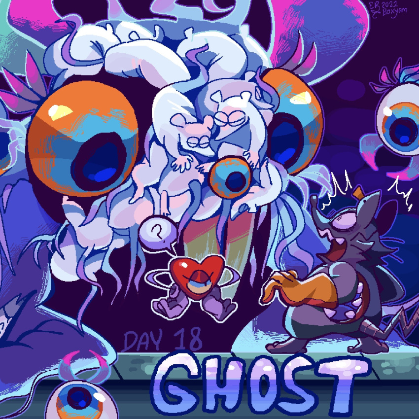 2boys ? blue_eyes boxyam closed_eyes colored_sclera commentary dated ear_tag english_commentary english_text extra_eyes ghost ghost_rat_(mad_rat_dead) gloves grey_gloves heart heart_(mad_rat_dead) highres hole_in_chest hole_on_body mad_rat_(mad_rat_dead) mad_rat_dead mouse multiple_boys one-eyed open_mouth orange_gloves orange_sclera sewer signature speech_bubble surprised yellow_sclera