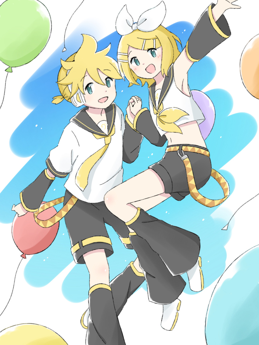 1boy 1girl :d aqua_eyes arm_up armpits azchipi balloon bare_shoulders bass_clef belt black_sailor_collar black_shorts black_sleeves blonde_hair blue_eyes bow brother_and_sister commentary_request crop_top detached_sleeves hair_bow hair_ornament hairclip headphones headset highres holding holding_hands interlocked_fingers jumping kagamine_len kagamine_rin leg_warmers looking_at_viewer midriff navel neckerchief necktie open_mouth sailor_collar shirt short_hair short_ponytail short_shorts short_sleeves shorts siblings sleeveless sleeveless_shirt smile spiky_hair swept_bangs treble_clef triangle_print twins vocaloid white_bow white_footwear white_shirt yellow_belt yellow_neckerchief yellow_necktie
