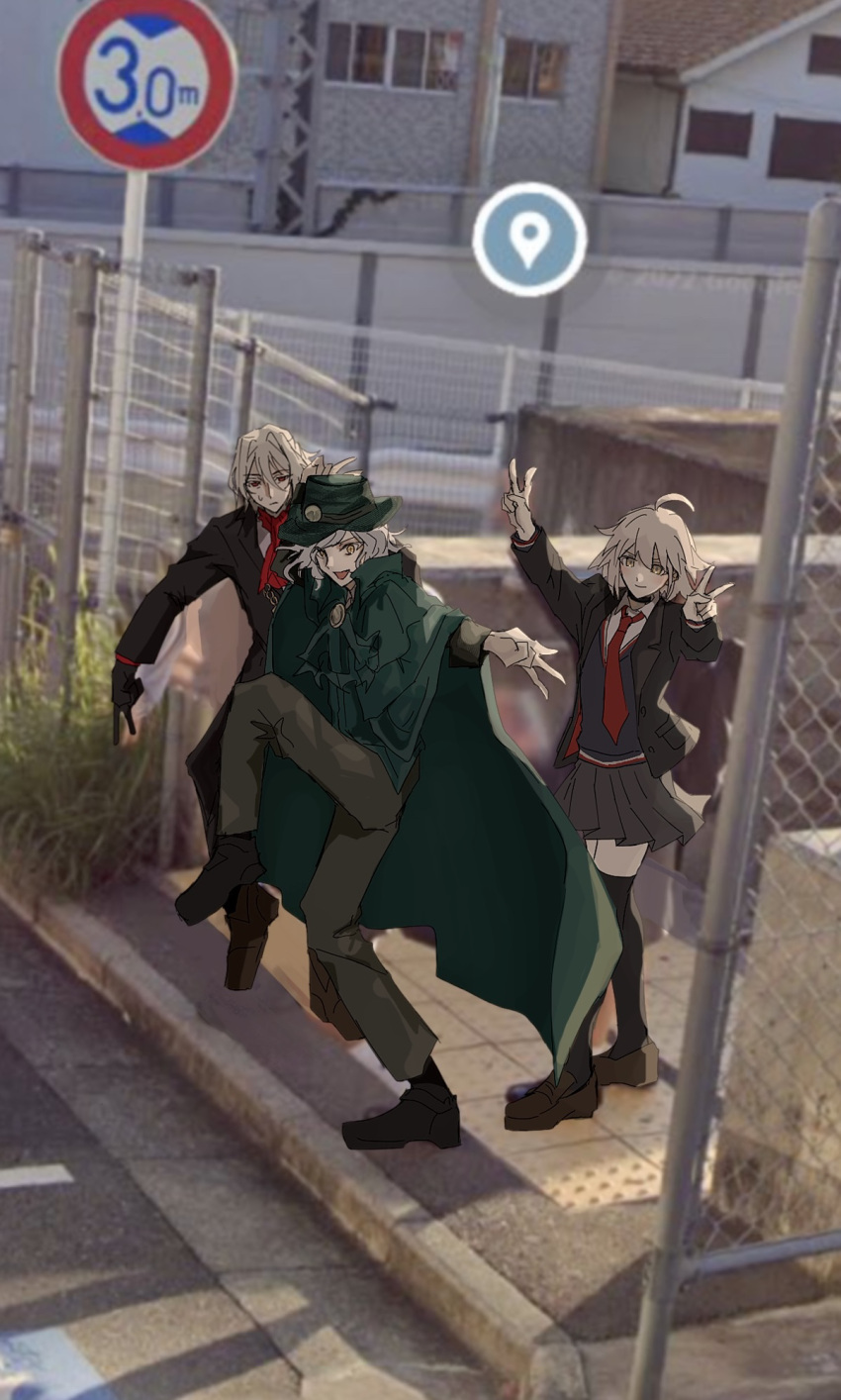 1girl 2boys antonio_salieri_(fate) antonio_salieri_(second_ascension)_(fate) black_cardigan black_jacket black_skirt black_thighhighs cape cardigan collared_shirt commentary_request double_v edmond_dantes_(fate) fate/grand_order fate_(series) fuyotan google_maps google_street_view green_cape green_hat grey_hair hat high_school_girls_posing_for_google_street_view_(meme) highres jacket jeanne_d'arc_alter_(fate) meme multiple_boys necktie official_alternate_costume open_clothes open_jacket pants photo-referenced photo_background pleated_skirt red_eyes red_necktie school_uniform shirt short_hair skirt standing standing_on_one_leg sweatdrop symbol-shaped_pupils thigh-highs v white_shirt yellow_eyes