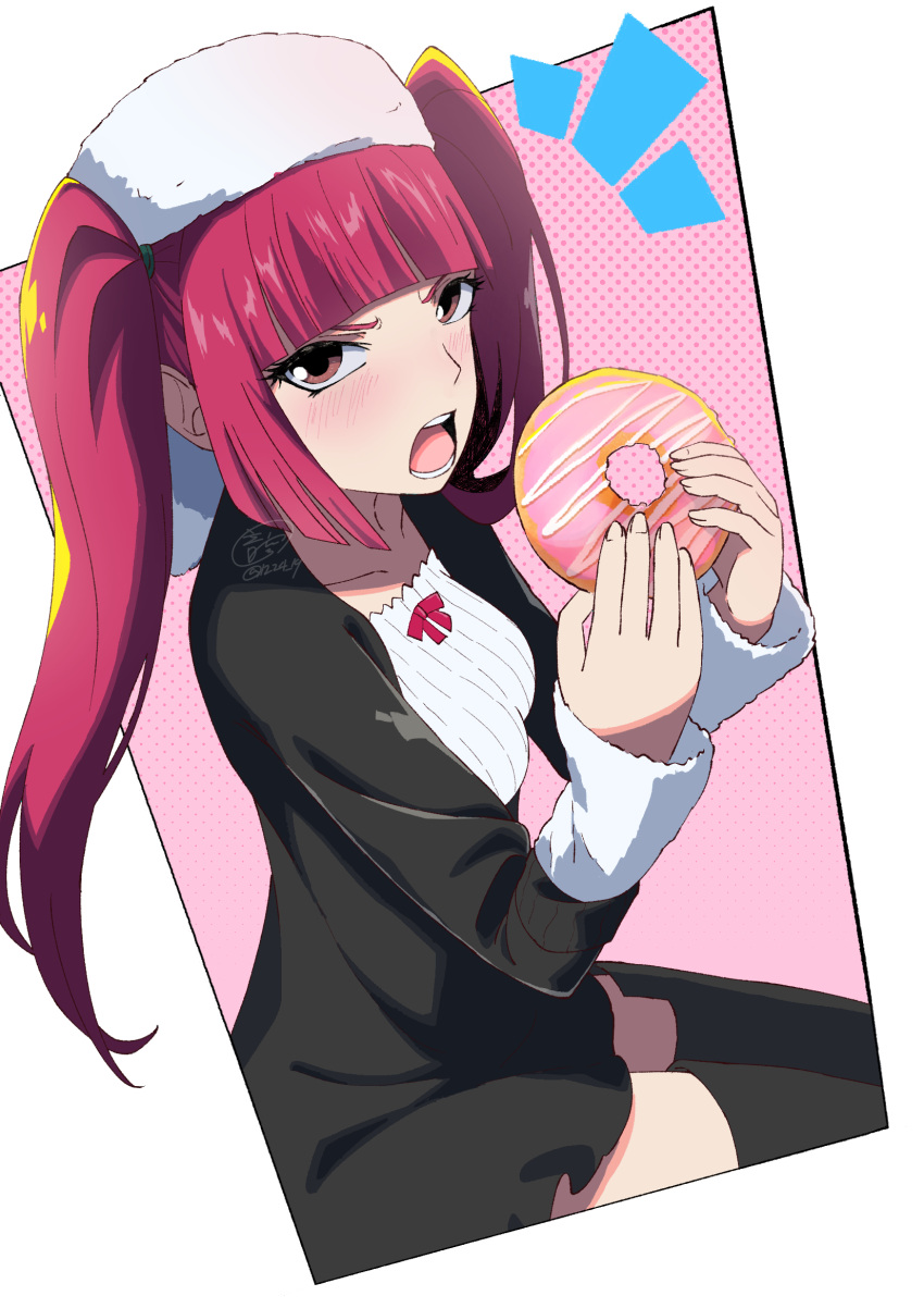 1girl annoyed black_dress black_thighhighs bleach blunt_bangs blunt_ends blush breasts brown_eyes collarbone commentary cowboy_shot dokugamine_riruka doughnut dress eyebrows_hidden_by_hair eyelashes food from_side hands_up hat highres holding_doughnut iku1224_19 long_hair looking_at_viewer notice_lines open_mouth pink_background polka_dot polka_dot_background redhead short_dress signature simple_background sitting sleeves_past_wrists small_breasts solo straight_hair teeth thigh-highs tsurime twintails twitter_username upturned_eyes v-shaped_eyebrows white_hat zettai_ryouiki