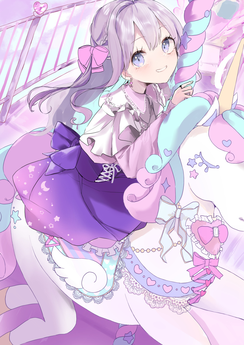 1girl absurdres akebisousaku back_bow blush bow braid carousel collared_dress dress earrings grey_hair grin hair_bow heart heart_earrings highres jewelry long_hair long_sleeves looking_at_viewer original ring sidesaddle sitting smile solo unicorn violet_eyes