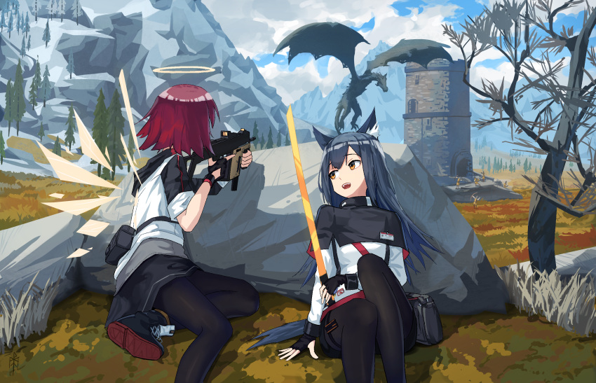 2girls aiming animal_ear_fluff animal_ears arknights arm_support bag black_capelet black_pantyhose black_skirt capelet clouds cloudy_sky detached_wings dragon exusiai_(arknights) feet_out_of_frame fingerless_gloves gloves grey_hair gun halo highres hood hoodie kriss_vector long_hair multiple_girls outdoors pantyhose redhead rock round_teeth shoes short_hair sitting skirt sky sleeves_rolled_up sneakers submachine_gun tail teeth texas_(arknights) the_elder_scrolls the_elder_scrolls_v:_skyrim tower tree trigger_discipline weapon wings wolf_ears wolf_tail wuschelminityp yellow_eyes