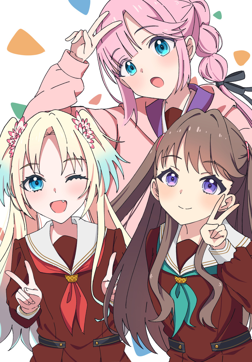3girls :o ;d absurdres anyoji_hime aqua_neckerchief arm_behind_back arm_up awaomi black_ribbon blonde_hair blue_eyes blue_hair blunt_bangs brown_dress brown_hair closed_mouth commentary double_v dress fang flower fujishima_megumi gradient_hair hair_flower hair_ornament hair_ribbon hasu_no_sora_school_uniform highres jacket light_blue_hair light_blush link!_like!_love_live! long_hair long_sleeves looking_at_viewer love_live! mira-cra_park! multi-tied_hair multicolored_hair multiple_girls neckerchief one_eye_closed open_mouth osawa_rurino parted_bangs pink_flower pink_hair pink_jacket ponytail red_neckerchief ribbon sailor_collar sailor_dress school_uniform sidelocks skin_fang smile split_mouth swept_bangs twintails two_side_up v v_over_head violet_eyes virtual_youtuber white_background white_flower white_sailor_collar winter_uniform