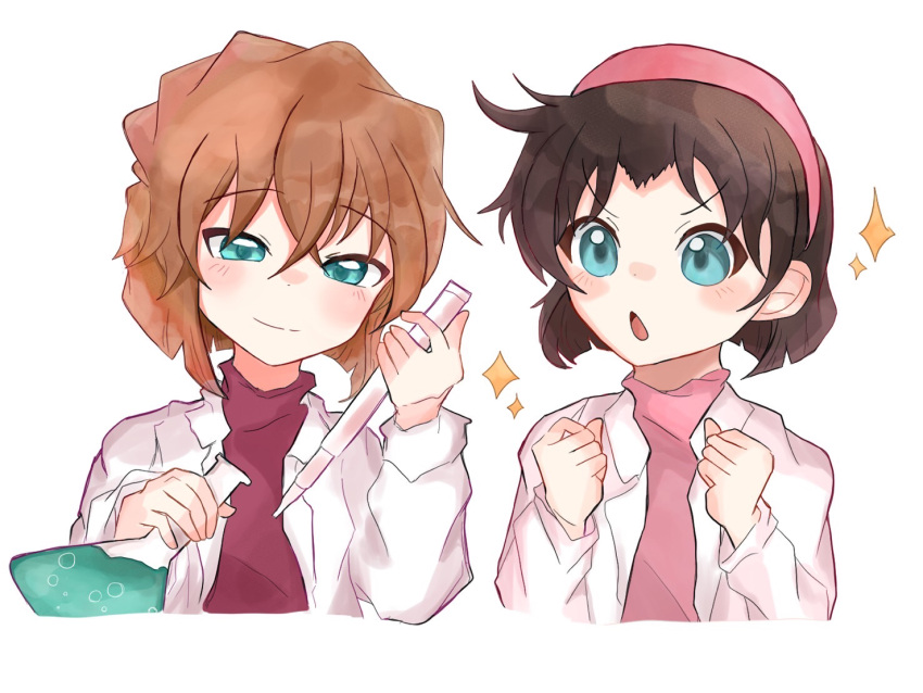 2girls blue_eyes blush_stickers bottle bubble child clenched_hands closed_mouth coat excited haibara_ai holding holding_bottle lab_coat long_sleeves looking_at_another looking_at_viewer meitantei_conan multiple_girls open_mouth pink_shirt red_shirt shirt smile sparkle upper_body utrs2348 white_coat yoshida_ayumi