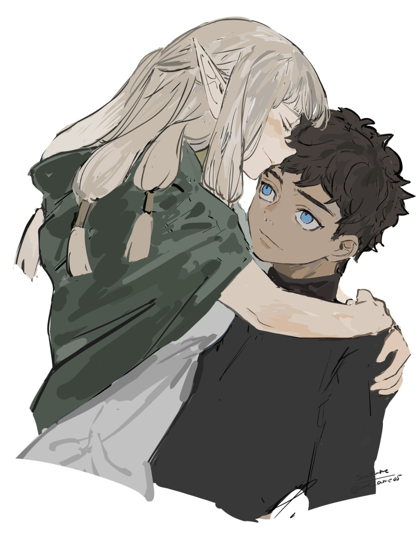 1boy 1girl affectionate arms_around_neck black_hair black_shirt blonde_hair blue_eyes blush cloak closed_eyes dark-skinned_male dark_skin dungeon_meshi elf face-to-face green_cloak hair_tubes highres hug kabru long_hair long_sleeves looking_at_another low-tied_long_hair milsiril_(dungeon_meshi) mother_and_son motherly pointy_ears shirt short_hair sidelocks simple_background smile surume_(su1193) upper_body white_background