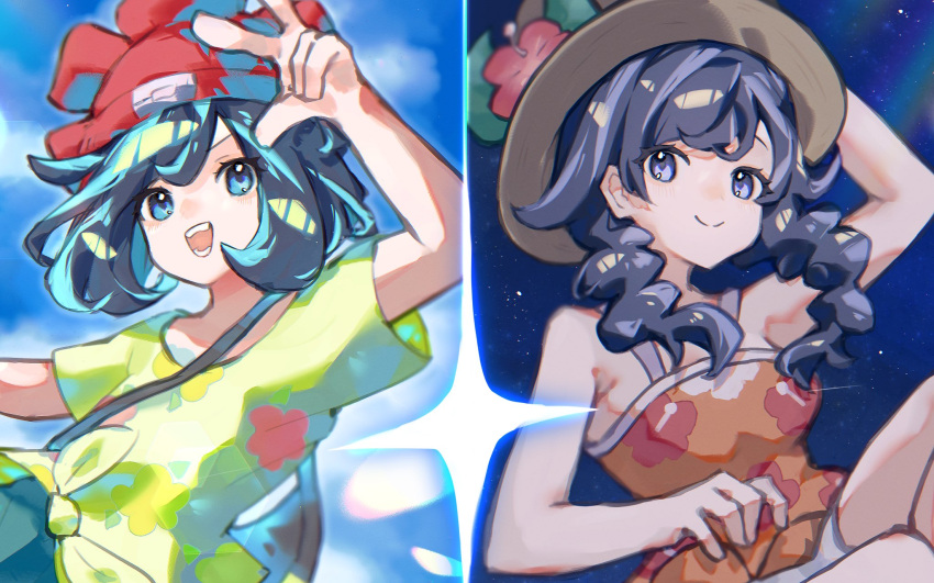 2girls :d arm_up asatte_3z bare_arms bare_shoulders beanie blue_eyes blue_sky braid breasts brown_hat camisole closed_mouth clouds day day_and_night dual_persona floral_print flower hat hat_flower hibiscus hibiscus_print highres long_hair medium_breasts multiple_girls night night_sky open_mouth orange_camisole pokemon pokemon_sm pokemon_usum red_flower red_hat selene_(pokemon) shirt short_hair short_sleeves sky smile split_mouth star_(sky) starry_sky_print swept_bangs teeth tied_shirt twin_braids violet_eyes yellow_shirt