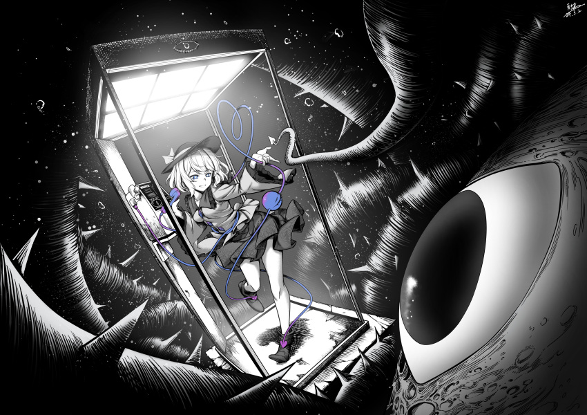 1girl absurdres commentary_request dated greyscale hat hat_ribbon heart heart_of_string highres komeiji_koishi long_sleeves monochrome outdoors phone_booth qingwa_chi_she revision ribbon shoes short_hair signature skirt third_eye thorns touhou