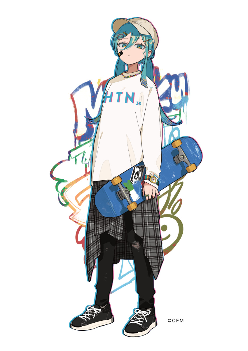 1girl bandaid bandaid_on_face baseball_cap black_footwear black_pants blue_eyes blue_hair checkered_clothes checkered_skirt closed_mouth denim full_body graffiti hair_between_eyes hair_ornament hairclip hassan_(sink916) hat hatsune_miku highres holding holding_skateboard jeans jewelry long_hair long_sleeves looking_at_viewer multicolored_eyes necklace official_art pants ring shirt shoes simple_background skateboard skirt sleeves_past_wrists sneakers solo standing tachi-e torn_clothes torn_jeans torn_pants twintails vocaloid watch watch white_background white_shirt yellow_eyes