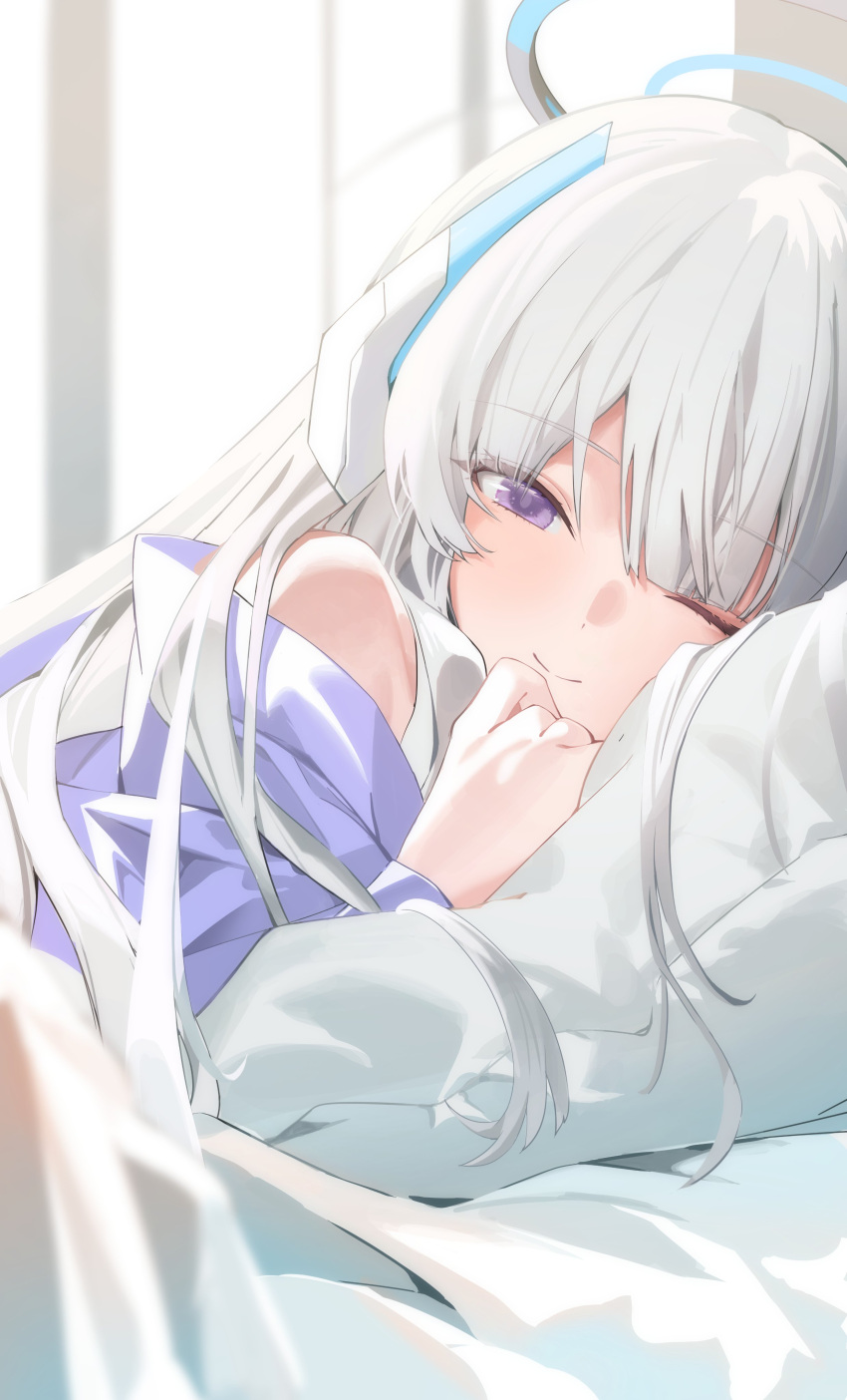 1girl absurdres alternate_costume bare_shoulders bed_sheet blue_archive blurry blurry_background blurry_foreground blush closed_mouth depth_of_field dot_nose halo headgear highres indoors long_hair looking_at_viewer noa_(blue_archive) on_bed one_eye_closed solo upper_body violet_eyes white_hair white_halo yo_owl