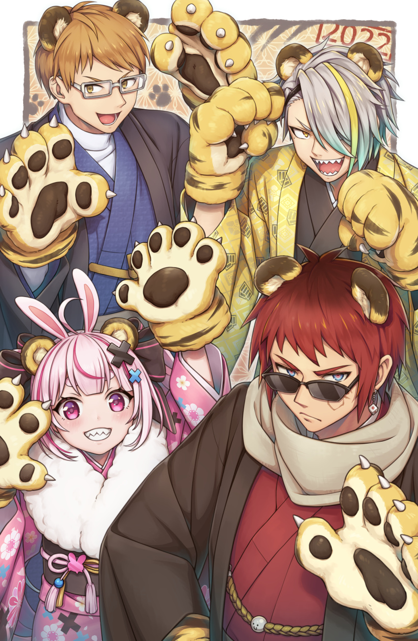 1girl 2022 3boys animal_ears animal_hands arm_up bans black_kimono blue_eyes blue_kimono blush border brown_hair brown_scarf chinese_zodiac closed_mouth commentary_request dice_earrings drop_earrings earrings extra_ears fake_animal_ears frown fur-trimmed_kimono fur_trim gatchmanv glasses gloves gradient_hair grin hair_over_one_eye hand_on_own_hip hand_up hands_up haori highres indie_virtual_youtuber japanese_clothes jewelry kimono long_bangs long_sleeves looking_at_viewer looking_over_eyewear maasa multicolored_eyes multicolored_hair multiple_boys one_eye_covered open_mouth outside_border paw_gloves paw_pose pink_eyes pink_kimono print_kimono rabbit_ears red_eyes red_kimono redhead scar scar_on_cheek scar_on_face scarf sharp_teeth short_hair smile streaked_hair sunglasses symbol-shaped_eyes teeth tenkai_tsukasa tiger_ears tomari_mari utai_meika v-shaped_eyebrows virtual_youtuber white_border wide_sleeves year_of_the_tiger yellow_eyes