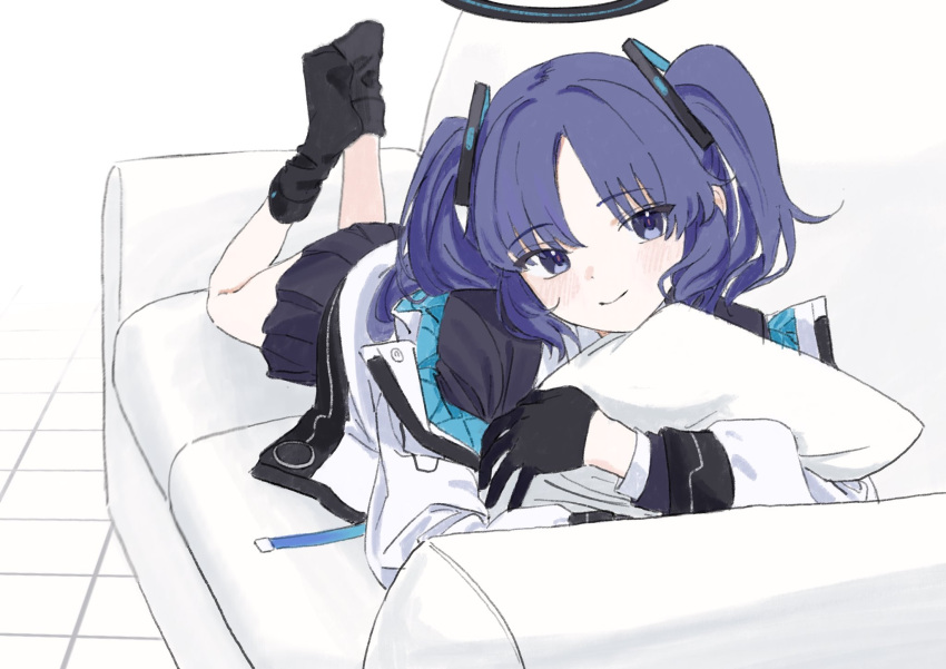 1girl black_gloves black_jacket black_skirt black_socks blue_archive blush closed_mouth commission couch gloves gomibako_(gomibako_price) halo highres hugging_object jacket long_hair looking_at_viewer lying on_couch on_stomach parted_bangs pillow pillow_hug pleated_skirt purple_hair red_pupils skeb_commission skirt smile socks solo tile_floor tiles two_side_up violet_eyes white_jacket yuuka_(blue_archive)