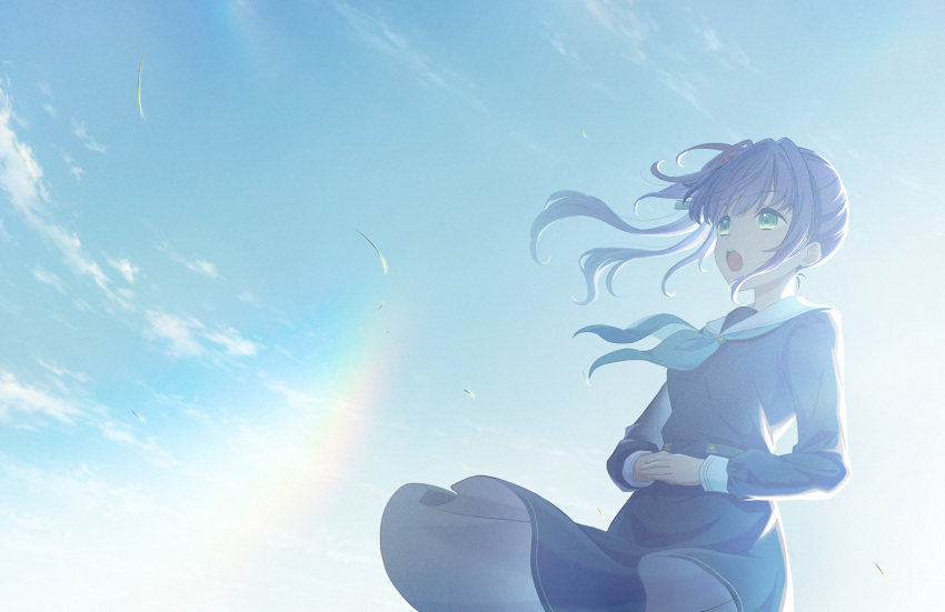 1girl :o backlighting blue_sky clouds floating_clothes floating_hair flower game_cg green_eyes hair_flower hair_ornament highres lens_flare link!_like!_love_live! lone_nape_hair long_hair looking_afar love_live! official_art open_mouth otomune_kozue own_hands_together purple_hair red_flower side_ponytail sidelocks sky solo teeth third-party_source upper_teeth_only virtual_youtuber wide_shot