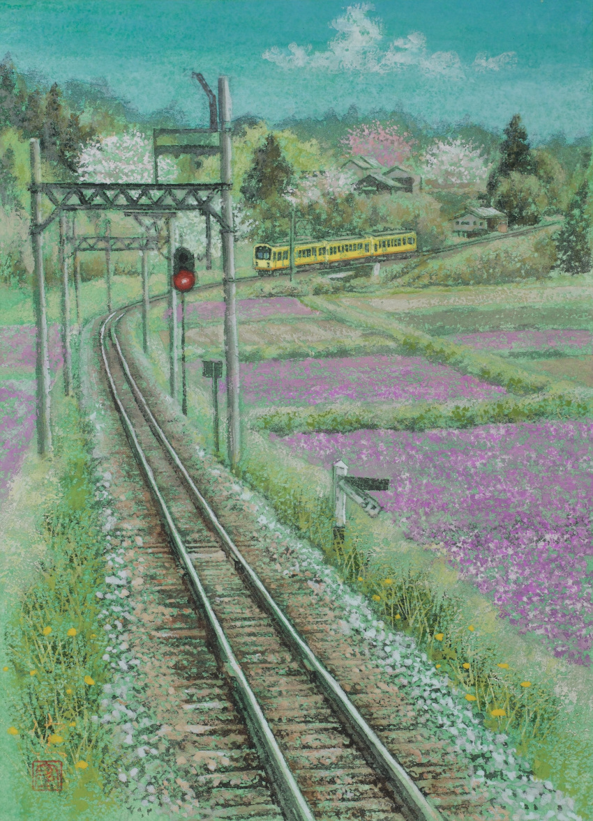 absurdres blue_sky cherry_blossoms clouds cloudy_sky day field flower flower_field forest grass highres nature no_humans original painting_(medium) purple_flower railroad_tracks scenery sky tanamachi_yoshihiro traditional_media traffic_light train tree utility_pole yellow_flower