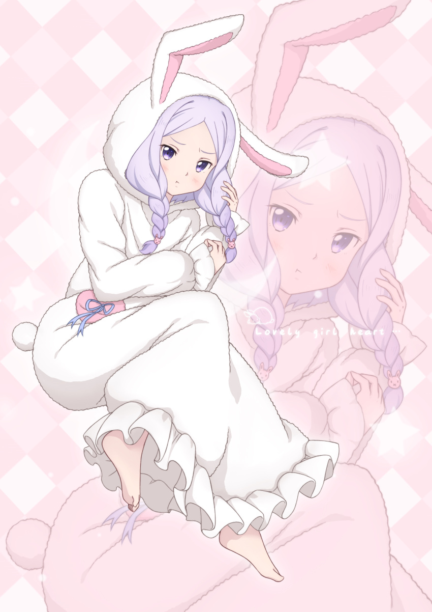 1girl absurdres alternate_costume animal_ears barefoot blue_ribbon braid chinese_commentary commentary_request english_text fake_animal_ears fake_tail full_body grid_background highres light_blush long_sleeves looking_at_viewer onesie pajamas peri_(qq2748089832) pink_background playing_with_hair playing_with_own_hair pout purple_hair quinella rabbit rabbit_ears rabbit_pajamas rabbit_tail recurring_image ribbon short_hair_with_long_locks solo star_(symbol) sword_art_online tail twin_braids violet_eyes white_pajamas