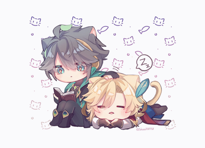 2boys =_= ahoge alhaitham_(genshin_impact) animal_ears artist_name black_footwear black_gloves black_pants black_shirt blonde_hair blue_sash book boots cape cat cat_boy cat_ears cat_tail chest_jewel chibi closed_eyes closed_mouth commentary_request expressionless feather_hair_ornament feathers fish gem genshin_impact gloves green_cape green_eyes green_gemstone green_hair grey_hair hair_between_eyes hair_ornament hand_on_another's_head headphones highres holding holding_book kaveh_(genshin_impact) knees_up long_hair long_sleeves lying male_focus multicolored_hair multiple_boys on_stomach open_book pants parted_bangs partially_fingerless_gloves reading red_cape sakura11587158 sash shirt short_hair sidelocks simple_background sitting sleeping sleeveless sleeveless_shirt speech_bubble spoken_zzz swept_bangs tail tongue tongue_out twitter_username white_background white_shirt zzz