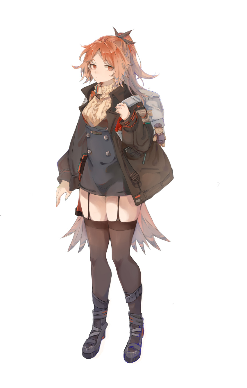 1girl absurdres arknights arm_at_side backpack bag black_footwear black_jacket black_skirt black_thighhighs blue_pupils boots buttons cable_knit double-breasted feather_hair full_body garter_straps hand_up high-waist_skirt high_heel_boots high_heels highres huiyuenoyi jacket legs_apart legs_together long_hair long_sleeves looking_at_viewer open_clothes open_jacket orange_eyes orange_hair pinecone_(arknights) ponytail sidelocks simple_background skirt solo suspender_skirt suspenders sweater thigh-highs thighs turtleneck turtleneck_sweater white_background yellow_sweater zettai_ryouiki