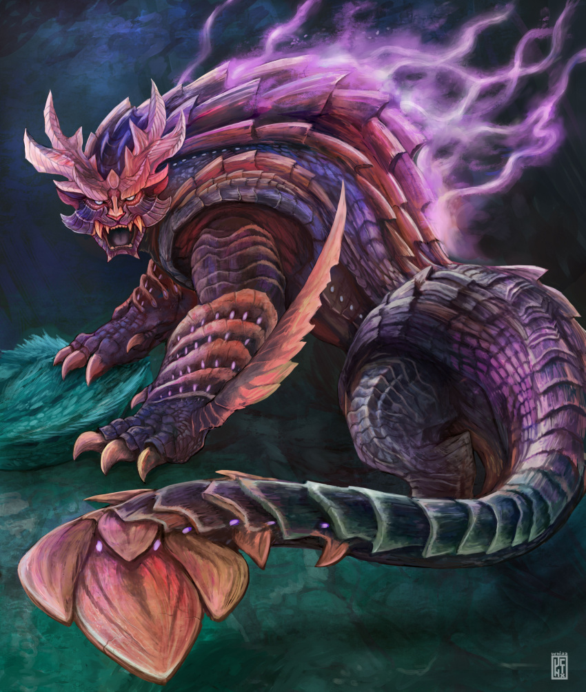 absurdres arm_blade aura chin_spike claws fangs grass highres horns looking_at_viewer magnamalo monster monster_focus monster_hunter_(series) monster_hunter_rise night no_humans open_mouth outdoors purple_scales sharp_tail sharp_teeth slit_pupils solo tail teeth uchi_vs_the_world watermark weapon