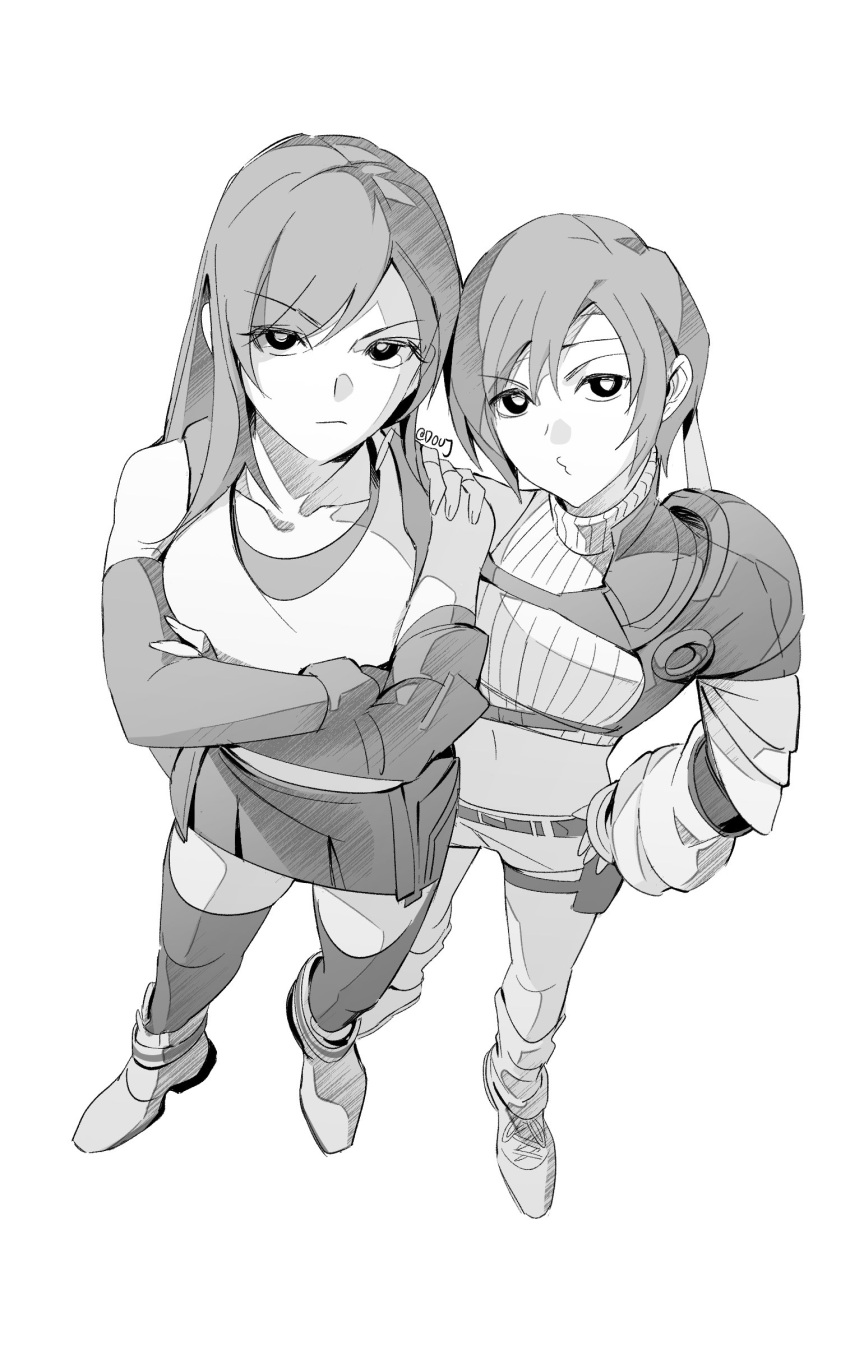 2girls absurdres bare_shoulders belt black_sports_bra boots closed_mouth collarbone commentary crop_top cropped_sweater crossed_arms duoj_ji elbow_gloves final_fantasy final_fantasy_vii final_fantasy_vii_rebirth final_fantasy_vii_remake fingerless_gloves from_above full_body gloves greyscale hand_on_another's_shoulder hand_on_own_hip headband highres long_hair looking_at_viewer midriff monochrome multiple_girls short_hair shorts single_bare_shoulder single_shoulder_pad skirt sleeveless sleeveless_turtleneck sports_bra standing suspender_skirt suspenders sweater swept_bangs tank_top thigh-highs tifa_lockhart turtleneck turtleneck_sweater twitter_username white_background white_tank_top yuffie_kisaragi zettai_ryouiki