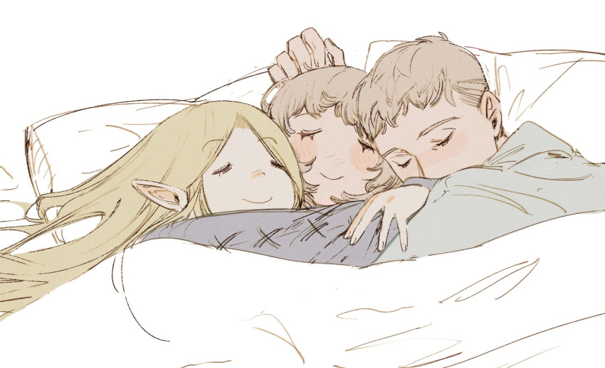 1boy 2girls blonde_hair boy_and_girl_sandwich brother_and_sister closed_eyes dungeon_meshi elf english_commentary falin_thorden laios_thorden light_blush long_hair marcille_donato multiple_girls parted_bangs partially_colored pointy_ears sandwiched short_hair siblings sleeping smile under_covers wenli white_background