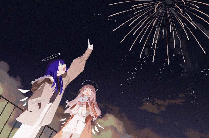 2girls arknights black_shirt blue_eyes blue_hair brown_coat brown_sleeves chinese_commentary clouds coat commentary_request cowboy_shot detached_wings dutch_angle fireworks fur-trimmed_hood fur_trim gloves halo hand_in_pocket hand_on_own_chin hand_on_own_shoulder happy high-waist_pants high-waist_skirt highres hood hood_down hooded_coat jacket kuangbaodunliangzuzhang layered_sleeves lemuen_(arknights) long_hair long_sleeves looking_up miniskirt mostima_(arknights) multiple_girls night night_sky open_clothes open_coat open_jacket orange_jacket orange_sleeves outdoors outstretched_arm pants parted_bangs pink_eyes pink_hair pleated_skirt pointing pointing_up puffy_long_sleeves puffy_short_sleeves puffy_sleeves railing shirt short_over_long_sleeves short_sleeves sidelocks skirt sky sleeves_past_wrists turtleneck turtleneck_shirt white_gloves white_halo white_pants white_shirt white_skirt white_sleeves white_wings wings