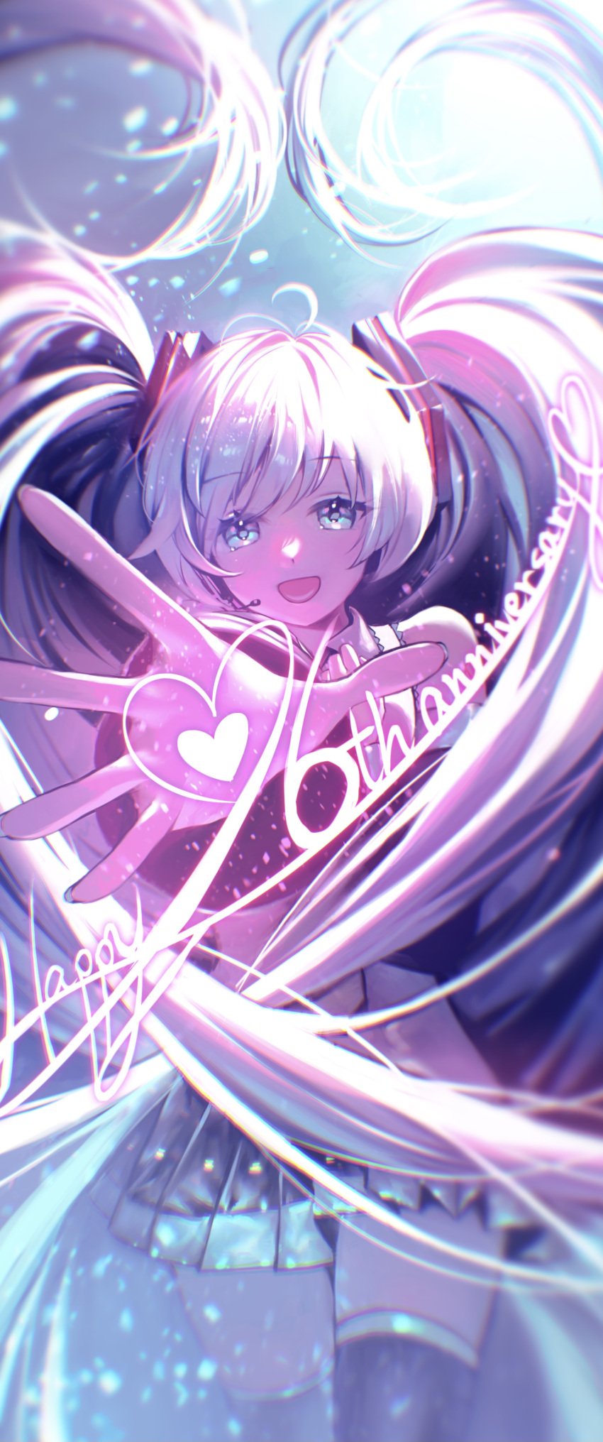 1girl :d absurdres aqua_eyes aqua_hair aqua_nails blue_hair detached_sleeves floating frilled_shirt frills hand_on_own_chest happy_anniversary hatsune_miku headset heart highres long_hair looking_at_viewer nemu_ringo open_mouth reaching reaching_towards_viewer shirt smile solo sparkle_background twintails very_long_hair vocaloid