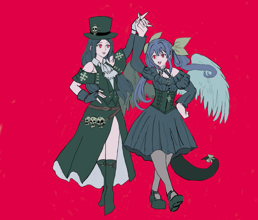 1girl 1other androgynous couple couple_in_love dizzy_(guilty_gear) dress gothic gothic_lolita guilty_gear guilty_gear_strive long_hair rosary tesdizzy testament_(guilty_gear) tophat wings yuri