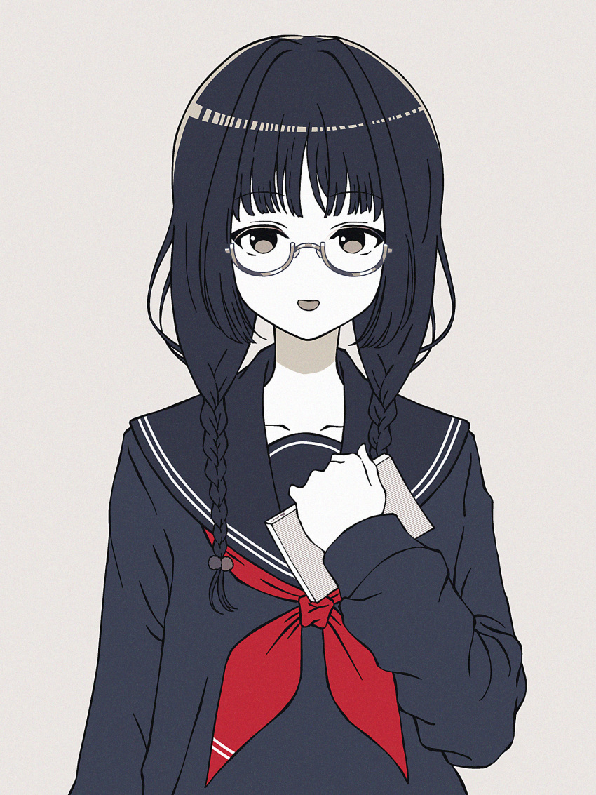 1girl :d amemori_sayo arm_at_side black_eyes black_hair black_sailor_collar black_shirt book braid glasses hair_over_shoulder hand_on_own_chest highres holding holding_book long_hair long_sleeves looking_at_viewer low_twin_braids neckerchief nijisanji nkymyura open_mouth red_neckerchief sailor_collar semi-rimless_eyewear shirt simple_background smile solo straight-on twin_braids upper_body virtual_youtuber white_background