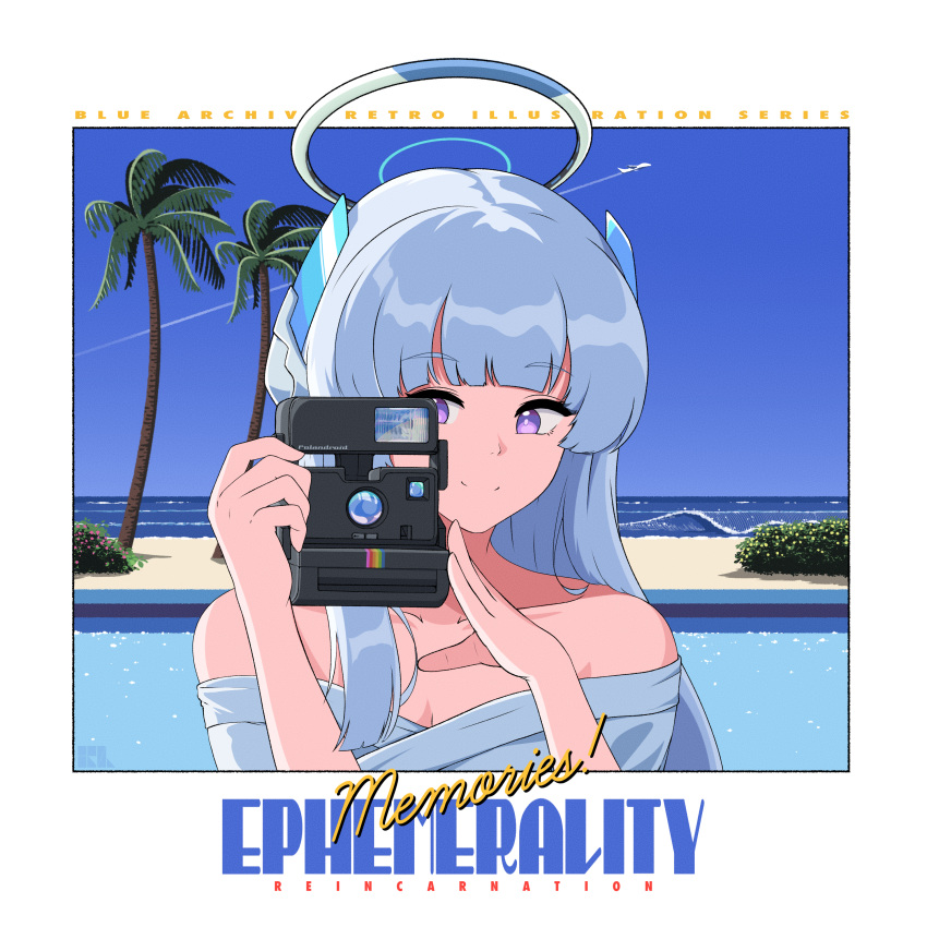 1990s_(style) 1girl absurdres aiming alternate_costume bare_shoulders beach blue_archive blue_sky blunt_bangs brand_name_imitation camera casual coconut_tree collarbone commentary_request detached_sleeves english_text halo headgear highres holding holding_camera horizon hrna long_hair looking_at_viewer noa_(blue_archive) ocean palm_tree polaroid pool retro_artstyle short_sleeves sidelocks sky smile solo taking_picture tree violet_eyes white_hair