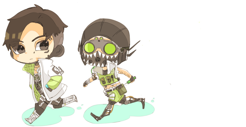 2boys animification apex_legends arm_tattoo black_eyes black_gloves black_hair black_pantyhose boots cable chibi crypto_(apex_legends) fingerless_gloves gloves green_shorts green_vest hands_in_pockets highres holding holding_syringe jacket looking_to_the_side male_focus mechanical_legs multiple_boys octane_(apex_legends) pantyhose parted_hair roki._(user_vkdn7485) shorts syringe tattoo vest walking white_footwear white_jacket