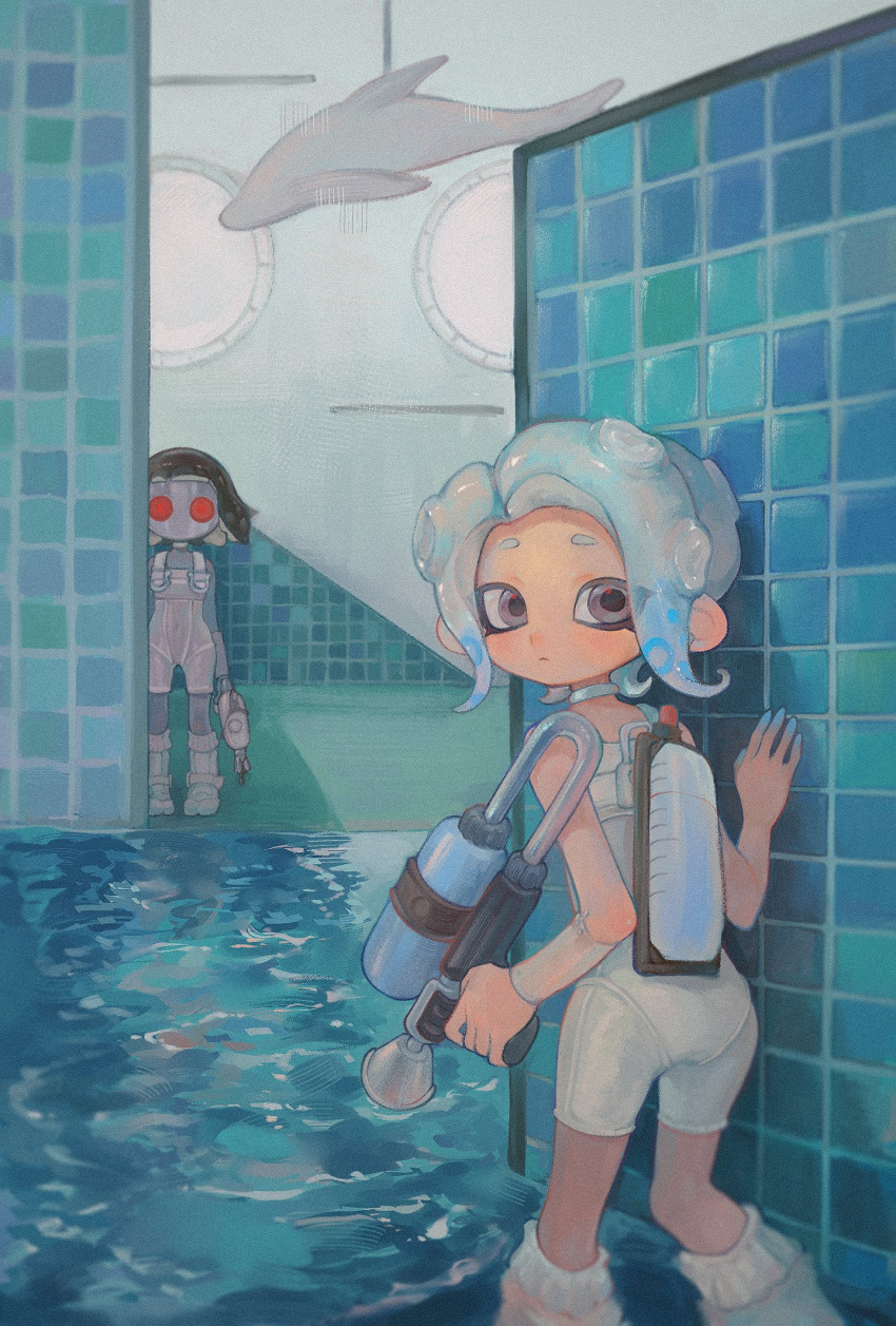 2girls :&lt; agent_8_(splatoon) arm_at_side bare_shoulders black_hair blue_hair bodysuit boots choker closed_mouth colored_skin commentary detached_sleeves film_grain from_behind grey_eyes grey_hair grey_skin gun hand_on_wall highres holding holding_gun holding_weapon in_water ink_tank_(splatoon) jelleton kneehighs liang_cun_rakuna long_hair looking_at_viewer looking_back mask medium_hair multicolored_hair multiple_girls octoling octoling_girl octoling_player_character octoshot_(splatoon) order_shot_(splatoon) parallel_canon pointy_ears red_eyes see-through see-through_sleeves single_detached_sleeve sleeveless sleeveless_bodysuit socks splatoon_(series) splatoon_3 splatoon_3:_side_order suction_cups symbol-only_commentary tentacle_hair two-tone_hair wading weapon white_bodysuit white_choker white_footwear white_socks