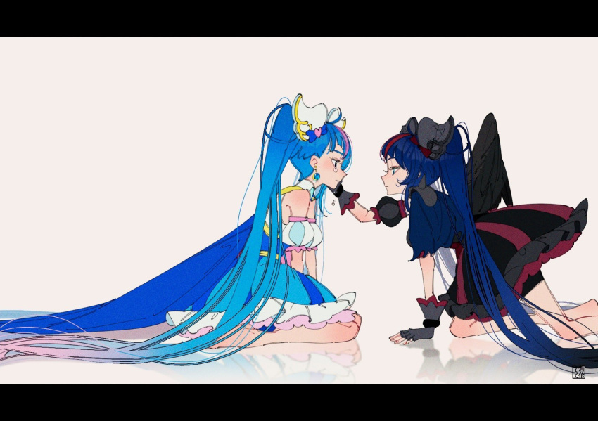 2girls aoi_tete arm_support artist_logo barefoot bike_shorts black_dress black_shorts black_wings blue_cape blue_dress blue_eyes blue_hair brooch cape corruption cure_sky cut_bangs dark_persona dark_sky_(precure) detached_sleeves dress dual_persona earrings feathered_wings fingerless_gloves frilled_dress frills from_side frown gloves gradient_hair grey_background grey_gloves half-closed_eyes hand_on_another's_face highres hirogaru_sky!_precure jewelry kneeling leaning_forward letterboxed long_hair looking_at_another magical_girl medium_dress multicolored_hair multiple_girls pink_hair precure puffy_detached_sleeves puffy_sleeves red_dress redhead reflection shorts shorts_under_dress single_wing sitting sleeveless sleeveless_dress sora_harewataru spiked_pauldrons streaked_hair tearing_up tears two-tone_dress two-tone_hair very_long_hair wariza white_dress wing_brooch wing_hair_ornament wings