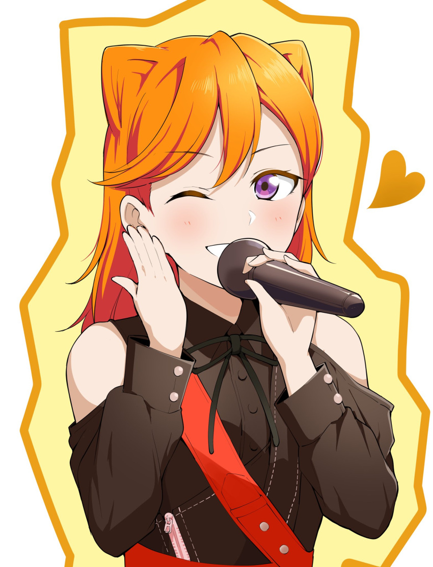 1girl barkhorn0331 black_dress black_ribbon blush clothing_cutout collared_dress commentary_request cone_hair_bun distortion_(love_live!) dress hair_bun heart highres holding holding_microphone long_sleeves looking_at_viewer love_live! love_live!_superstar!! medium_hair microphone music neck_ribbon one_eye_closed orange_hair ribbon shibuya_kanon shoulder_cutout singing smile solo upper_body violet_eyes