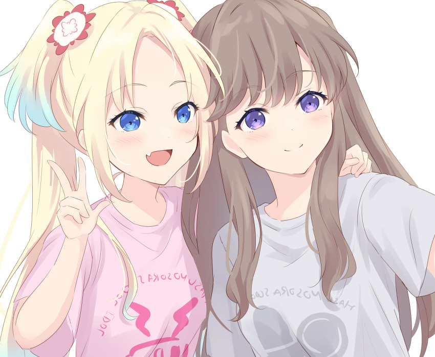 2girls :d absurdres arm_at_side blonde_hair blue_eyes blue_hair blush brown_hair closed_mouth fang flower fujishima_megumi gradient_hair grey_shirt hair_flower hair_ornament hand_on_another's_shoulder highres kan_kanna light_blue_hair link!_like!_love_live! long_hair love_live! mira-cra_park! multicolored_hair multiple_girls open_mouth osawa_rurino parted_bangs pink_shirt print_shirt red_flower selfie shirt simple_background skin_fang smile split_mouth t-shirt tsukine_kona twintails two_side_up violet_eyes voice_actor w white_background white_flower yutuki_ame