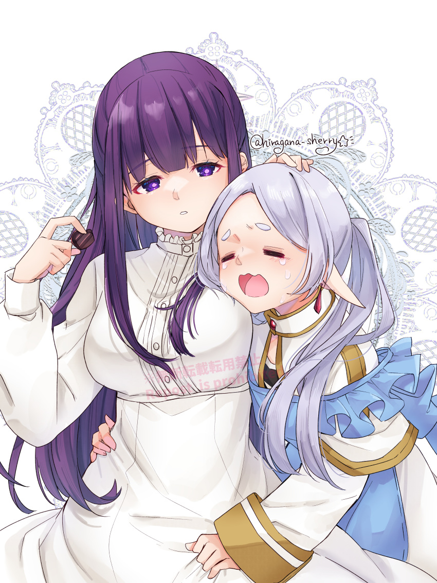 2girls absurdres chocolate closed_eyes crying dress fern_(sousou_no_frieren) food frieren grey_hair hair_between_eyes highres hiragana_sherry holding holding_chocolate holding_food long_hair long_sleeves multiple_girls open_mouth pointy_ears purple_hair sousou_no_frieren tears twitter_username violet_eyes white_dress