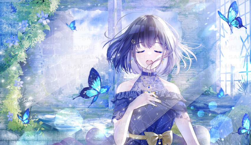 1girl bare_shoulders blue_butterfly blue_dress bug butterfly choker closed_eyes collarbone dress earrings flower hair_ornament highres jewelry nayuta_(voice_actor) open_mouth sanosomeha short_hair solo sunlight upper_body