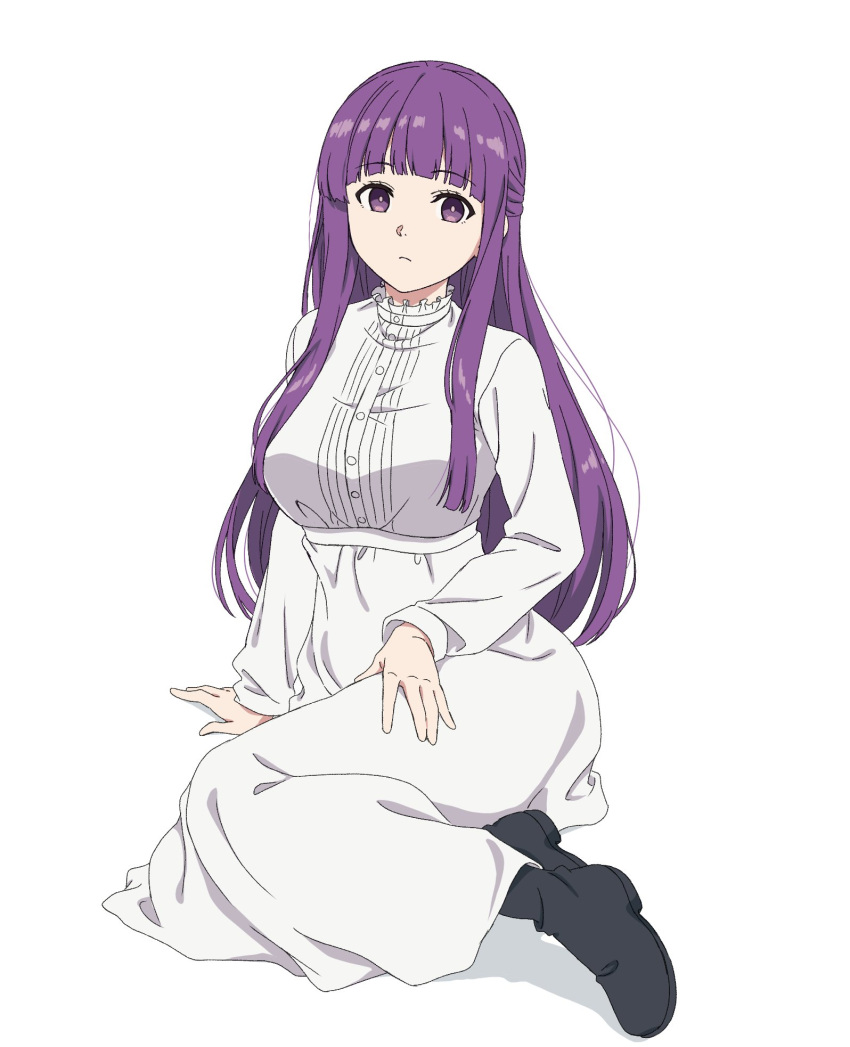 1girl atsumi_tomoya black_footwear blunt_bangs breasts closed_mouth commentary_request dress expressionless fern_(sousou_no_frieren) frilled_dress frills full_body highres large_breasts long_hair long_sleeves looking_at_viewer purple_hair sidelocks simple_background sitting solo sousou_no_frieren violet_eyes white_background white_dress