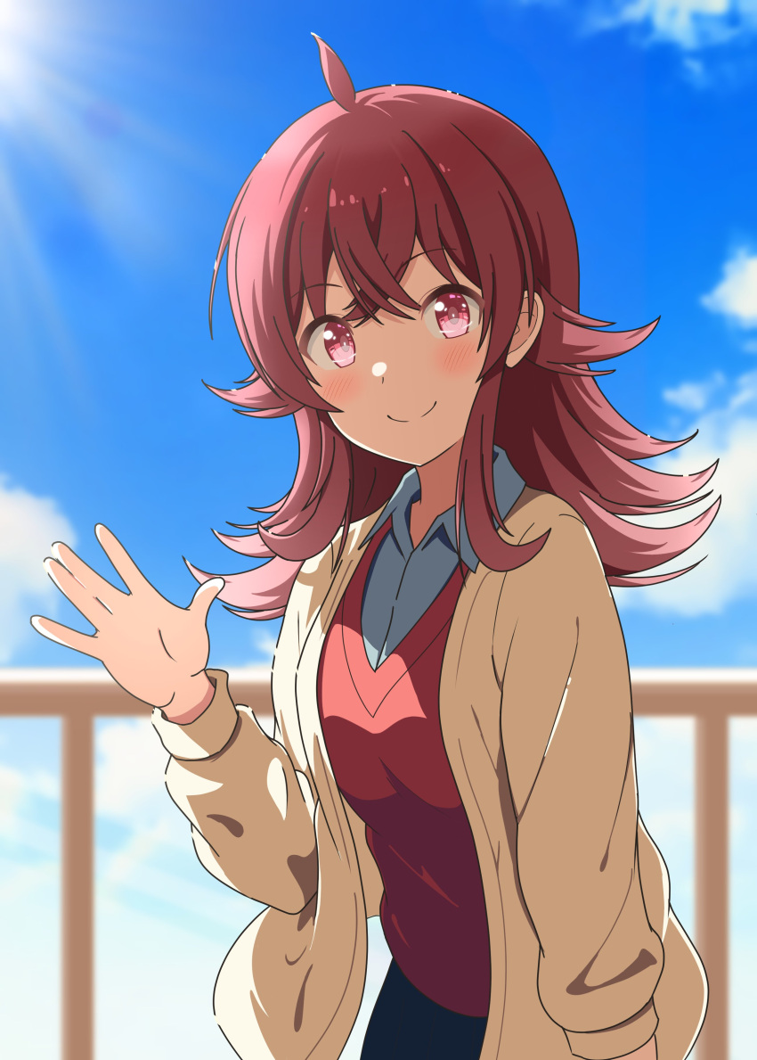 1girl absurdres ahoge blue_sky blush breasts cardigan clouds commentary_request day fence hair_between_eyes hair_flaps hand_up highres idolmaster idolmaster_shiny_colors komiya_kaho long_hair looking_at_viewer medium_breasts outdoors red_eyes red_vest redhead ryoga_kk shirt sidelocks sky smile solo sunlight vest waving white_shirt yellow_cardigan