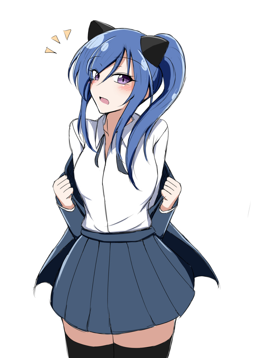 1girl animal_ears assault_lily black_thighhighs blue_hair blue_jacket blue_skirt blush breasts cat_ears collared_shirt commentary_request fake_animal_ears feel_(beniironotori) hair_between_eyes hands_up high_ponytail highres ishikawa_aoi jacket long_sleeves looking_at_viewer medium_breasts miniskirt notice_lines open_clothes open_jacket openvl pleated_skirt school_uniform shirt shirt_tucked_in side_ponytail sidelocks simple_background skirt standing thigh-highs undressing violet_eyes white_background white_shirt zettai_ryouiki